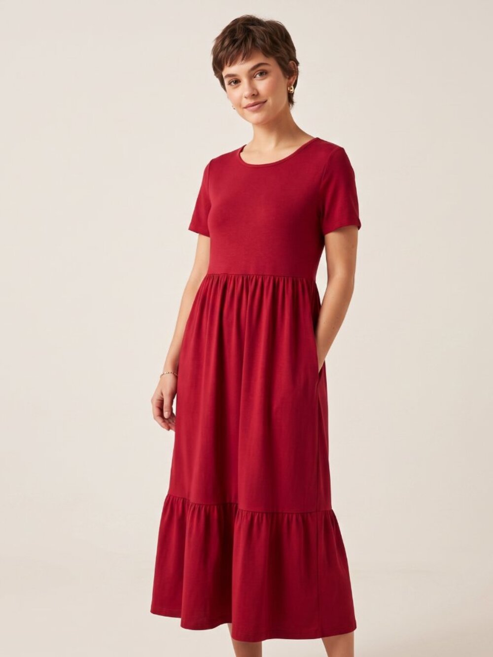 NWT | HUSKARY Wine Red Tiered Maxi Dress | Comfort Chic | Small